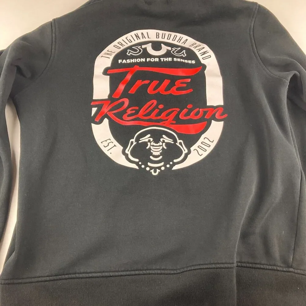 True Religion Mens Medium Black Full Zip Hoodie Buddha Graphic Fleece
